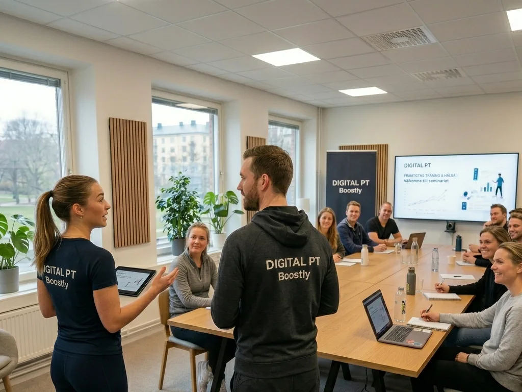 Två Digital PT-coacher leder ett gruppass runt ett konferensbord
