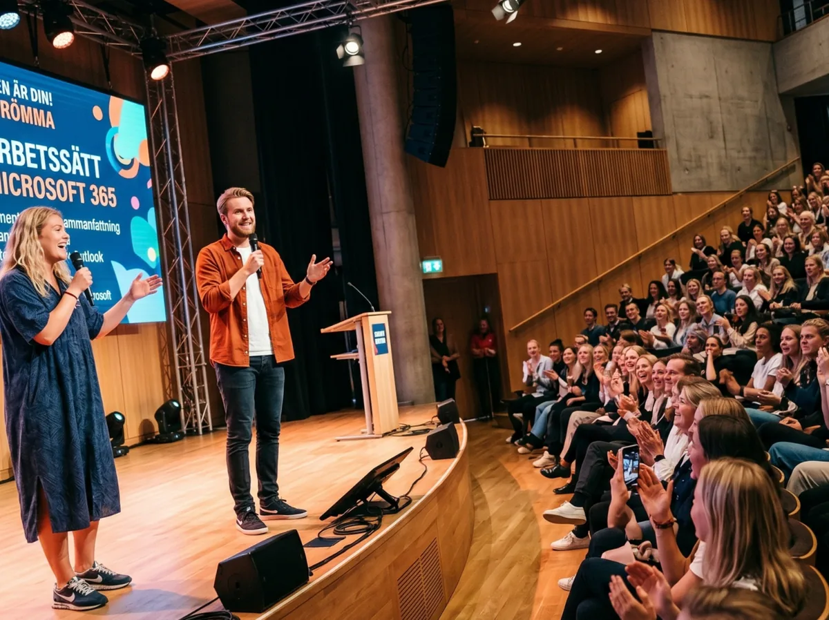 Två föreläsare på scen inför en fullsatt aula